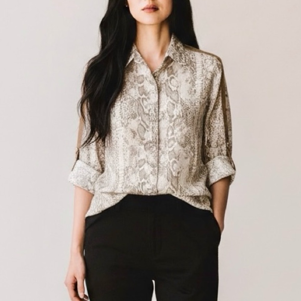 Anthropologie Drew Snakeskin Print Roll Tab Button Down Shirt XS Cotton